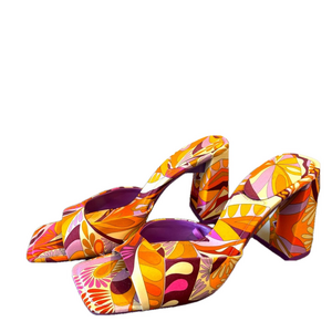 Zara 70s Orange Purple White Swirly Retro Print Open Toe Mule Block Heel Sandal